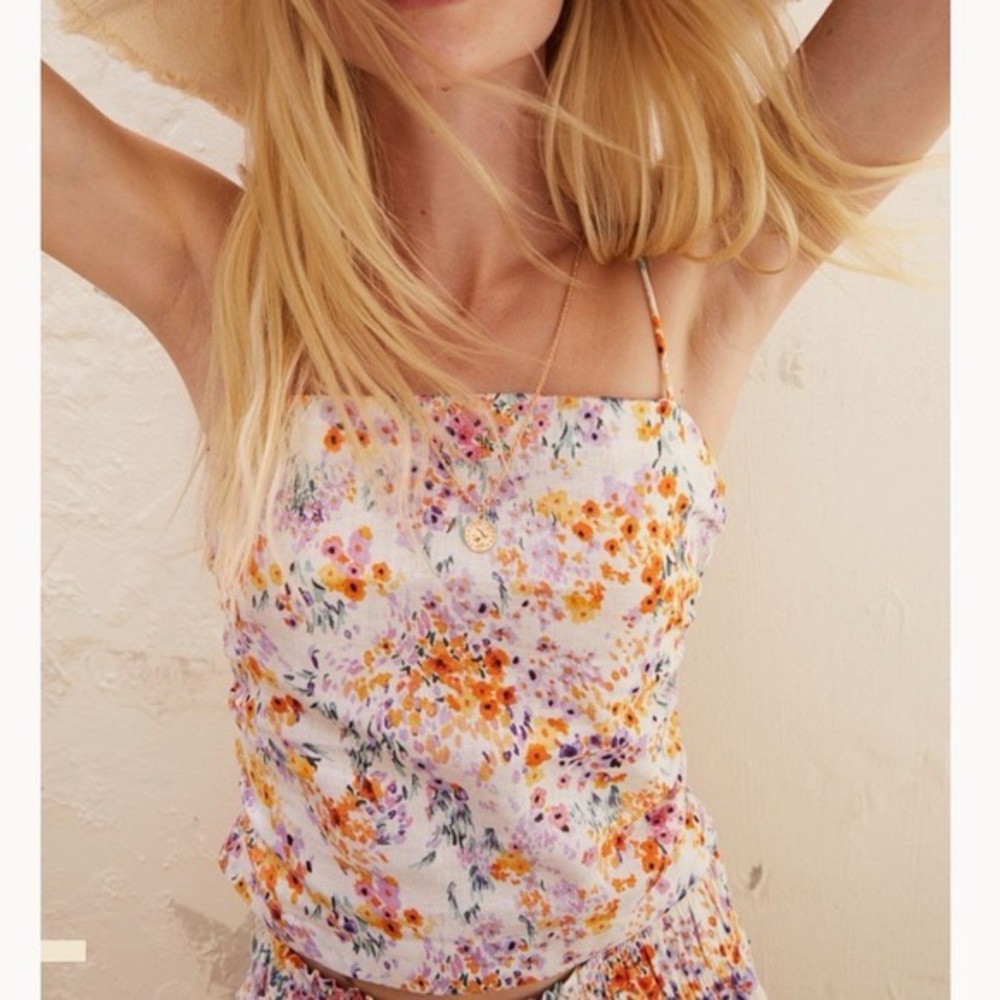 H&M white floral crop top with tied spaghetti straps